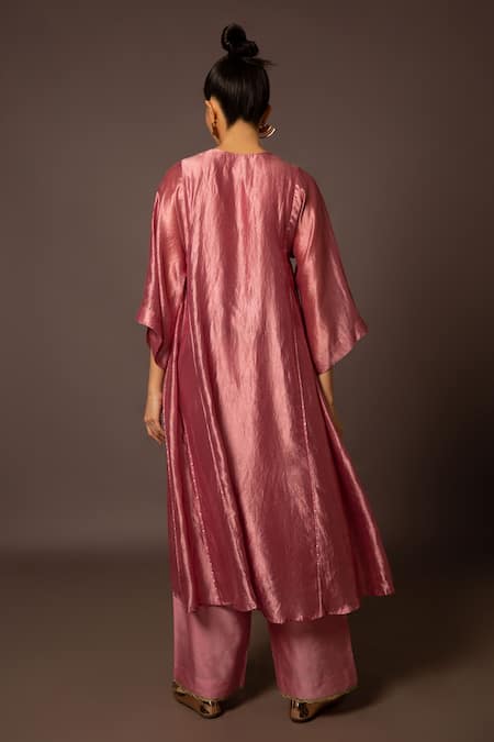 Shop Myoho Pink Silk Embroidery Split V-neck Kurta And Pant Set at Aza Fashions Shop_Myoho_Pink Silk Embroidery Split V-neck Kurta And Pant Set _at_Aza_Fashions