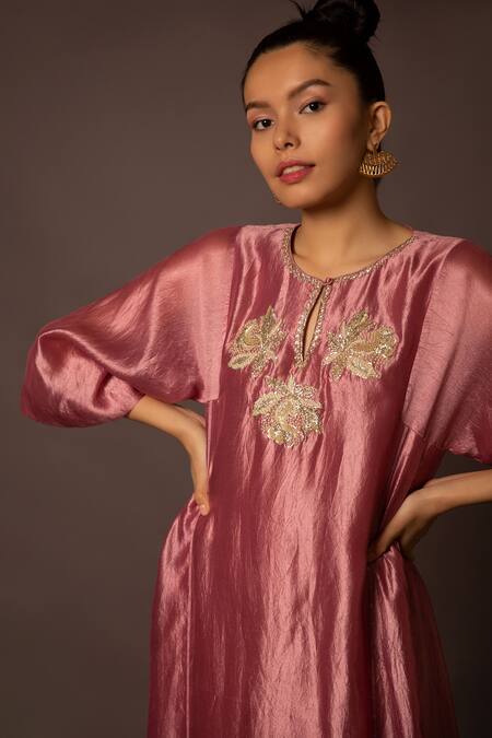 Myoho Pink Silk Embroidery Split V-neck Kurta And Pant Set Online at Aza Fashions Myoho_Pink Silk Embroidery Split V-neck Kurta And Pant Set _Online_at_Aza_Fashions