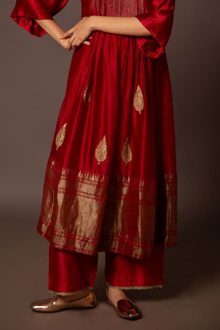 Myoho_Red Chanderi, Silk, Brocade Embroidery Split V-neck Hemline Work Kurta Pant Set _Online_at_Aza_Fashions