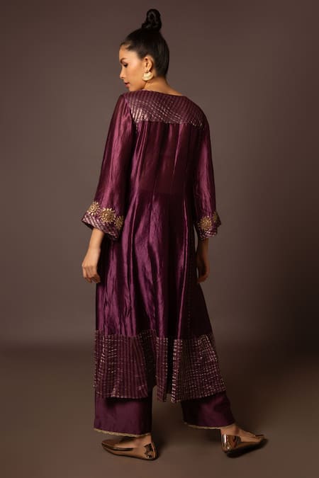 Shop Myoho Purple Silk Embroidery Round Neck Sleeve Hand Kurta And Pant Set at Aza Fashions Shop_Myoho_Purple Silk Embroidery Round Neck Sleeve Hand Kurta And Pant Set _at_Aza_Fashions