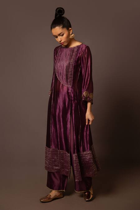 Myoho Purple Silk Embroidery Round Neck Sleeve Hand Kurta And Pant Set Online at Aza Fashions Myoho_Purple Silk Embroidery Round Neck Sleeve Hand Kurta And Pant Set _Online_at_Aza_Fashions