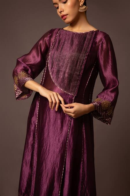 Buy Myoho Purple Silk Embroidery Round Neck Sleeve Hand Kurta And Pant Set Online at Aza Fashions Buy_Myoho_Purple Silk Embroidery Round Neck Sleeve Hand Kurta And Pant Set _Online_at_Aza_Fashions