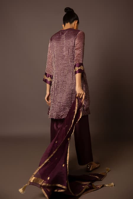 Shop Myoho Purple Chanderi, Brocade Embroidery Round Neck Sleeve Kurta Pant Set at Aza Fashions Shop_Myoho_Purple Chanderi, Brocade Embroidery Round Neck Sleeve Kurta Pant Set _at_Aza_Fashions