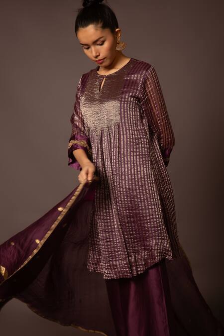 Myoho Purple Chanderi, Brocade Embroidery Round Neck Sleeve Kurta Pant Set Online at Aza Fashions Myoho_Purple Chanderi, Brocade Embroidery Round Neck Sleeve Kurta Pant Set _Online_at_Aza_Fashions