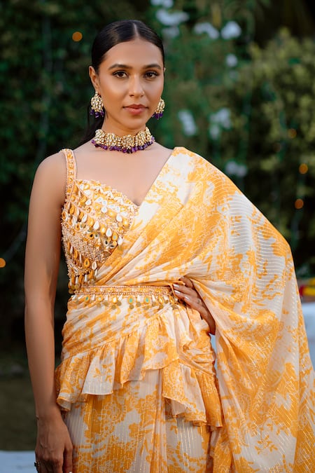 Vana Ethnics Yellow Viscose, Georgette, Crepe Bloom Print Pre-draped Ruffle Saree Blouse Set at Aza Fashions Vana Ethnics_Yellow Viscose, Georgette, Crepe Bloom Print Pre-draped Ruffle Saree Blouse Set _at_Aza_Fashions