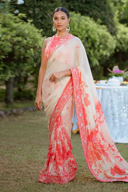 Shop_Vana Ethnics_Red Viscose, Georgette, Crepe Blossom Print Embellished Saree With Blouse _Online_at_Aza_Fashions