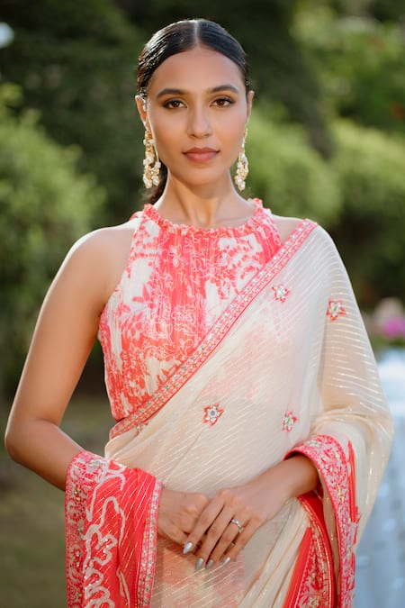 Vana Ethnics_Red Viscose, Georgette, Crepe Blossom Print Embellished Saree With Blouse _at_Aza_Fashions