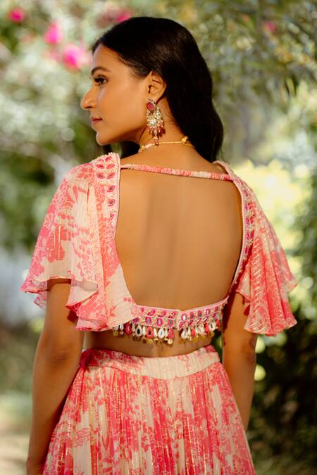 Vana Ethnics Pink Viscose, Crepe, Georgette Pearls Bloom Garden Print Lehenga Blouse Set Online at Aza Fashions Vana Ethnics_Pink Viscose, Crepe, Georgette Pearls Bloom Garden Print Lehenga Blouse Set _Online_at_Aza_Fashions