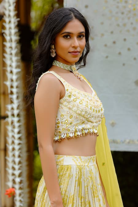 Shop Vana Ethnics Yellow Viscose, Georgette, Crepe Pearls Lily Garden Print Lehenga Blouse Set Online at Aza Fashions Shop_Vana Ethnics_Yellow Viscose, Georgette, Crepe Pearls Lily Garden Print Lehenga Blouse Set _Online_at_Aza_Fashions