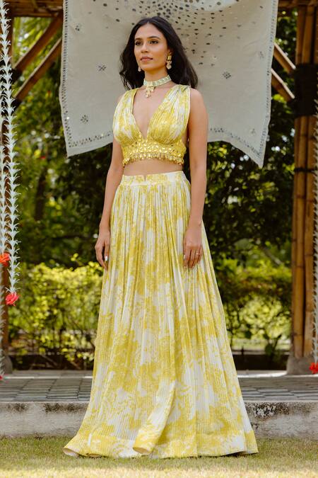 Buy Vana Ethnics Yellow Viscose, Georgette, Crepe Mirrors, Daffodil Print Lehenga Blouse Set Online at Aza Fashions Buy_Vana Ethnics_Yellow Viscose, Georgette, Crepe Mirrors, Daffodil Print Lehenga Blouse Set _Online_at_Aza_Fashions