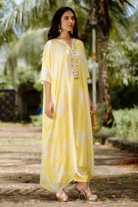 Buy Vana Ethnics Yellow Viscose, Georgette, Crepe Mirrors, Embroidered Placket Kaftan With Pant Online at Aza Fashions Buy_Vana Ethnics_Yellow Viscose, Georgette, Crepe Mirrors, Embroidered Placket Kaftan With Pant _Online_at_Aza_Fashions