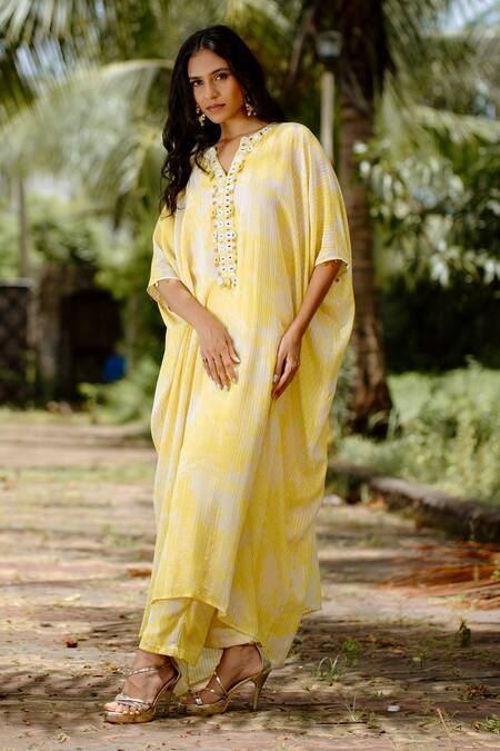 Shop Vana Ethnics Yellow Viscose, Georgette, Crepe Mirrors, Embroidered Placket Kaftan With Pant Online at Aza Fashions Shop_Vana Ethnics_Yellow Viscose, Georgette, Crepe Mirrors, Embroidered Placket Kaftan With Pant _Online_at_Aza_Fashions