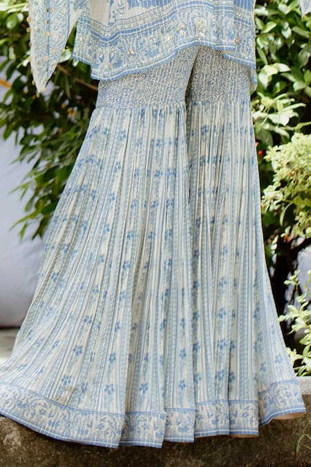 Buy Vana Ethnics Blue Viscose, Georgette, Crepe Sequins Collared Blossom Print Top With Sharara Online at Aza Fashions Buy_Vana Ethnics_Blue Viscose, Georgette, Crepe Sequins Collared Blossom Print Top With Sharara _Online_at_Aza_Fashions