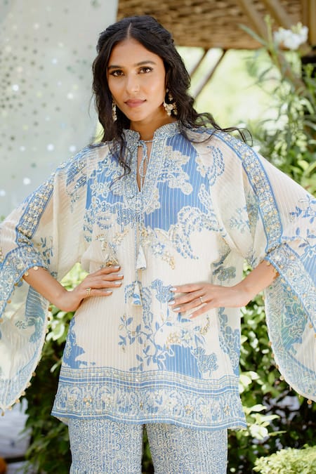 Vana Ethnics Blue Viscose, Georgette, Crepe Sequins Collared Blossom Print Top With Sharara at Aza Fashions Vana Ethnics_Blue Viscose, Georgette, Crepe Sequins Collared Blossom Print Top With Sharara _at_Aza_Fashions