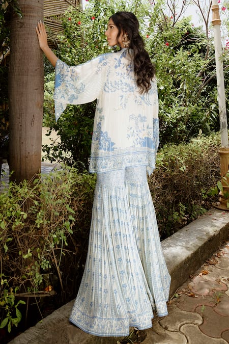 Vana Ethnics Blue Viscose, Georgette, Crepe Sequins Collared Blossom Print Top With Sharara Online at Aza Fashions Vana Ethnics_Blue Viscose, Georgette, Crepe Sequins Collared Blossom Print Top With Sharara _Online_at_Aza_Fashions