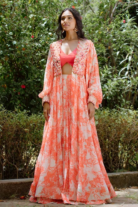 Buy Vana Ethnics Red Viscose, Georgette, Crepe Sequins, Pearls, Embroidered Jacket Lehenga Set Online at Aza Fashions Buy_Vana Ethnics_Red Viscose, Georgette, Crepe Sequins, Pearls, Embroidered Jacket Lehenga Set _Online_at_Aza_Fashions