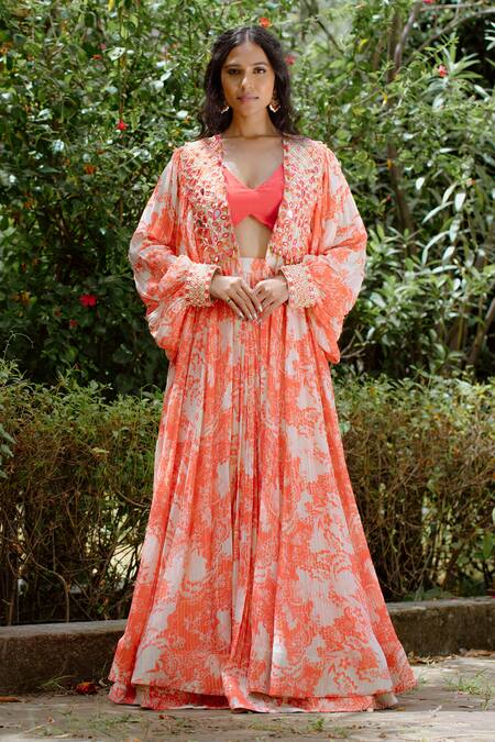 Shop Vana Ethnics Red Viscose, Georgette, Crepe Sequins, Pearls, Embroidered Jacket Lehenga Set Online at Aza Fashions Shop_Vana Ethnics_Red Viscose, Georgette, Crepe Sequins, Pearls, Embroidered Jacket Lehenga Set _Online_at_Aza_Fashions