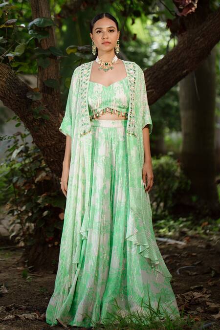 Shop Vana Ethnics Green Viscose, Georgette, Crepe Peon Print Embroidered Jacket Lehenga Set Online at Aza Fashions Shop_Vana Ethnics_Green Viscose, Georgette, Crepe Peon Print Embroidered Jacket Lehenga Set _Online_at_Aza_Fashions