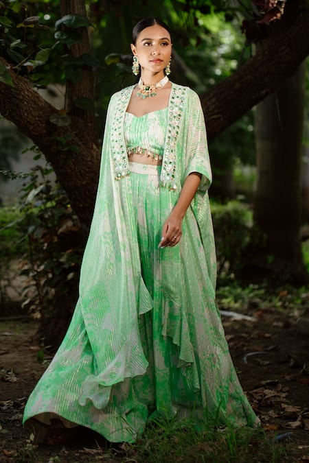 Vana Ethnics Green Viscose, Georgette, Crepe Peon Print Embroidered Jacket Lehenga Set Online at Aza Fashions Vana Ethnics_Green Viscose, Georgette, Crepe Peon Print Embroidered Jacket Lehenga Set _Online_at_Aza_Fashions