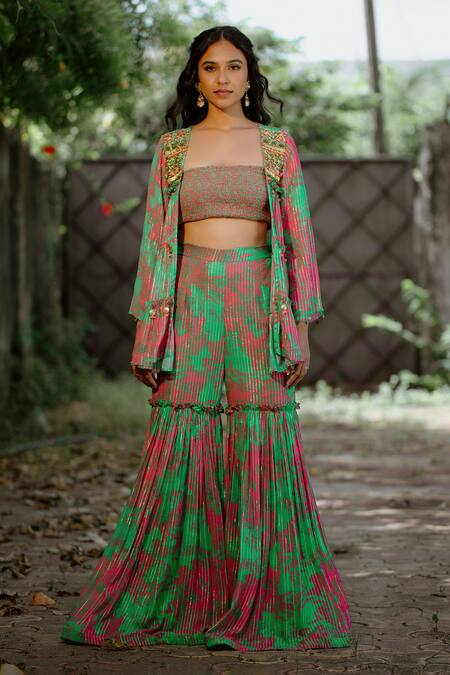 Buy Vana Ethnics Green Viscose, Georgette, Crepe Dahlia Print Embellished Jacket Sharara Set Online at Aza Fashions Buy_Vana Ethnics_Green Viscose, Georgette, Crepe Dahlia Print Embellished Jacket Sharara Set _Online_at_Aza_Fashions