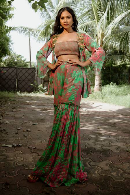 Vana Ethnics Green Viscose, Georgette, Crepe Dahlia Print Embellished Jacket Sharara Set at Aza Fashions Vana Ethnics_Green Viscose, Georgette, Crepe Dahlia Print Embellished Jacket Sharara Set _at_Aza_Fashions