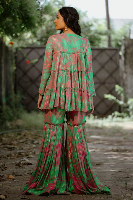 Vana Ethnics Green Viscose, Georgette, Crepe Dahlia Print Embellished Jacket Sharara Set Online at Aza Fashions Vana Ethnics_Green Viscose, Georgette, Crepe Dahlia Print Embellished Jacket Sharara Set _Online_at_Aza_Fashions