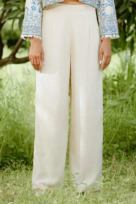 Buy_Vana Ethnics_Blue Silk, Crepe, Denim Tassels, Sequins, Beads Open Embroidered Jacket Pant Set _Online_at_Aza_Fashions