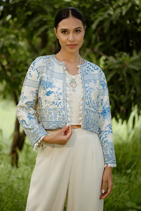 Vana Ethnics_Blue Silk, Crepe, Denim Tassels, Sequins, Beads Open Embroidered Jacket Pant Set _at_Aza_Fashions