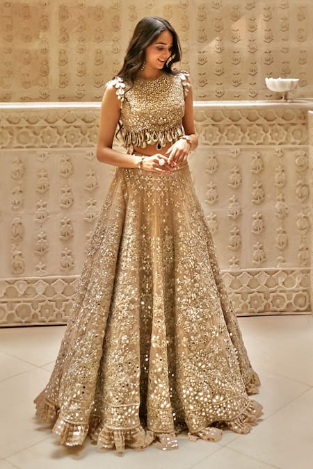 Shop_Abhinav Mishra_Grey Net Tassels, Mirrors Round Neck Embellished Bridal Lehenga Set 