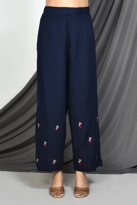 Naintara Bajaj_Blue Rayon Embroidery Mandarin Collar Buttercup Flora Kurta With Pant _Online_at_Aza_Fashions