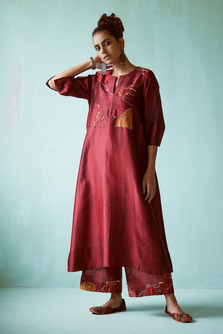 Medha Red Chanderi Printed Tie-dye Notched Yoke Embroidered Tunic And Pant Set 