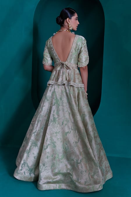 Shop_Adi By Aditya Khandelwl_Green Jacquard, Organza Pearls, Sequins V-neck Zari Lehenga Set _at_Aza_Fashions