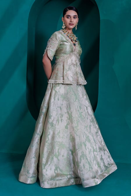 Buy_Adi By Aditya Khandelwl_Green Jacquard, Organza Pearls, Sequins V-neck Zari Lehenga Set _Online_at_Aza_Fashions