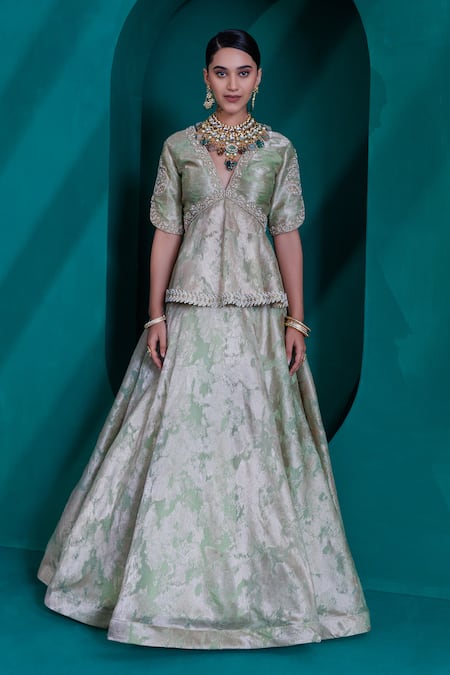Shop_Adi By Aditya Khandelwl_Green Jacquard, Organza Pearls, Sequins V-neck Zari Lehenga Set _Online_at_Aza_Fashions