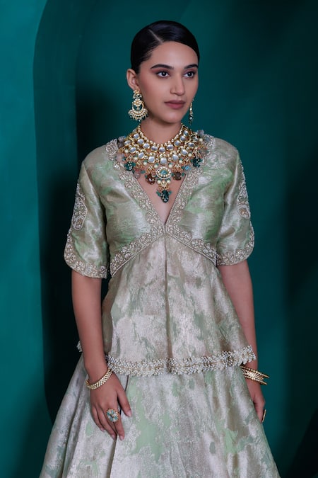 Adi By Aditya Khandelwl_Green Jacquard, Organza Pearls, Sequins V-neck Zari Lehenga Set _at_Aza_Fashions