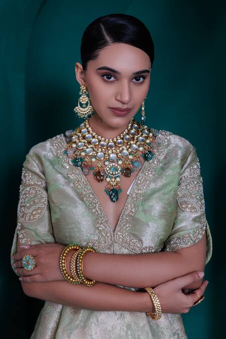 Buy_Adi By Aditya Khandelwl_Green Jacquard, Organza Pearls, Sequins V-neck Zari Lehenga Set 