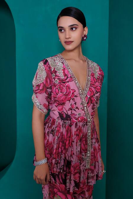 Adi By Aditya Khandelwl_Pink Georgette Zari, Sequins Digital Print Embroidered Peplum Top And Gharara Set_Online_at_Aza_Fashions
