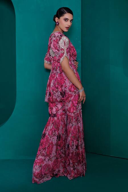 Shop_Adi By Aditya Khandelwl_Pink Georgette Zari, Sequins Digital Print Embroidered Peplum Top And Gharara Set_Online_at_Aza_Fashions