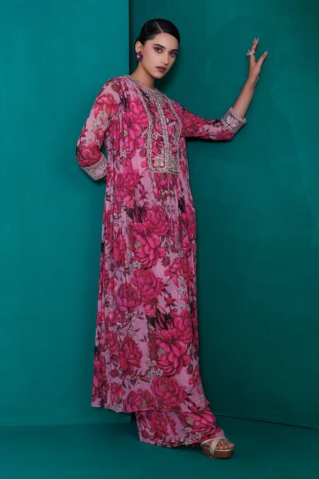 Adi By Aditya Khandelwl_Pink Georgette Zari, Sequins Round Embroidered Digital Print Tunic And Palazzo Set_Online_at_Aza_Fashions