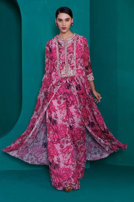 Buy_Adi By Aditya Khandelwl_Pink Georgette Zari, Sequins Round Embroidered Digital Print Tunic And Palazzo Set_Online_at_Aza_Fashions