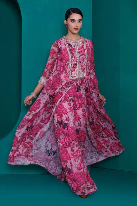 Shop_Adi By Aditya Khandelwl_Pink Georgette Zari, Sequins Round Embroidered Digital Print Tunic And Palazzo Set_Online_at_Aza_Fashions
