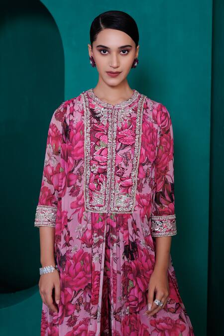 Adi By Aditya Khandelwl_Pink Georgette Zari, Sequins Round Embroidered Digital Print Tunic And Palazzo Set_at_Aza_Fashions