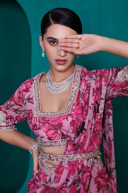 Adi By Aditya Khandelwl_Pink Georgette Zari, Sequins Square Neck Printed Pre-draped Saree With Blouse_Online_at_Aza_Fashions