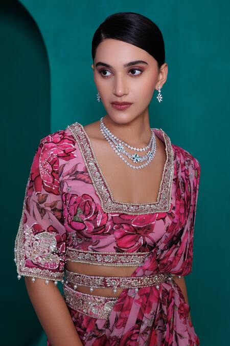 Buy_Adi By Aditya Khandelwl_Pink Georgette Zari, Sequins Square Neck Printed Pre-draped Saree With Blouse_Online_at_Aza_Fashions