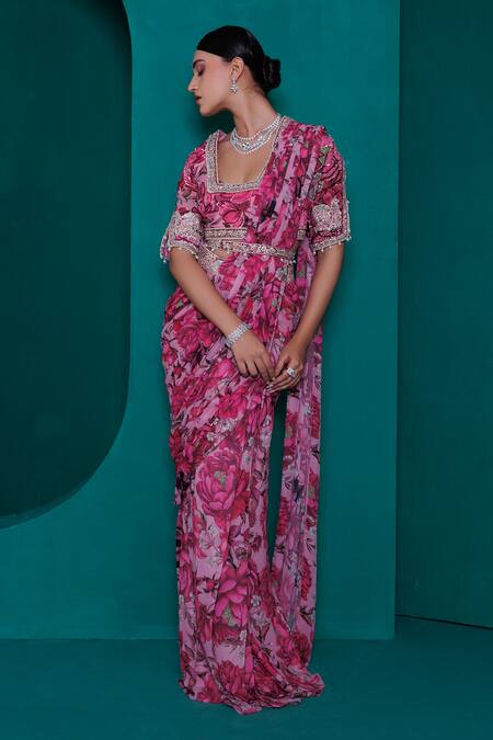 Adi By Aditya Khandelwl_Pink Georgette Zari, Sequins Square Neck Printed Pre-draped Saree With Blouse_at_Aza_Fashions