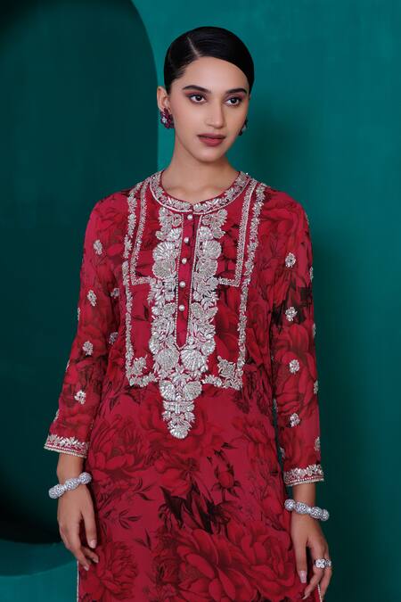 Adi By Aditya Khandelwl_Red Georgette, Modal, Satin, Organza Embroidery, Floral Print Tunic And Pant Set_Online_at_Aza_Fashions