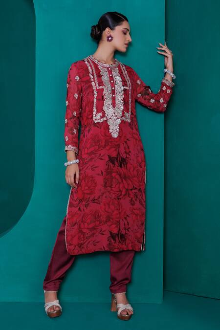 Buy_Adi By Aditya Khandelwl_Red Georgette, Modal, Satin, Organza Embroidery, Floral Print Tunic And Pant Set_Online_at_Aza_Fashions
