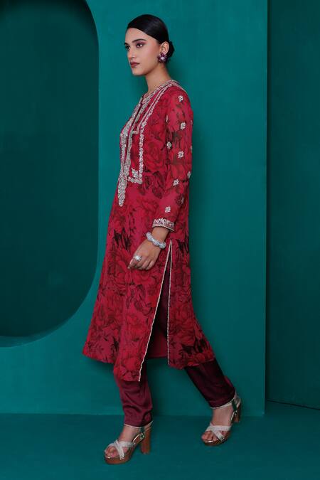 Shop_Adi By Aditya Khandelwl_Red Georgette, Modal, Satin, Organza Embroidery, Floral Print Tunic And Pant Set_Online_at_Aza_Fashions