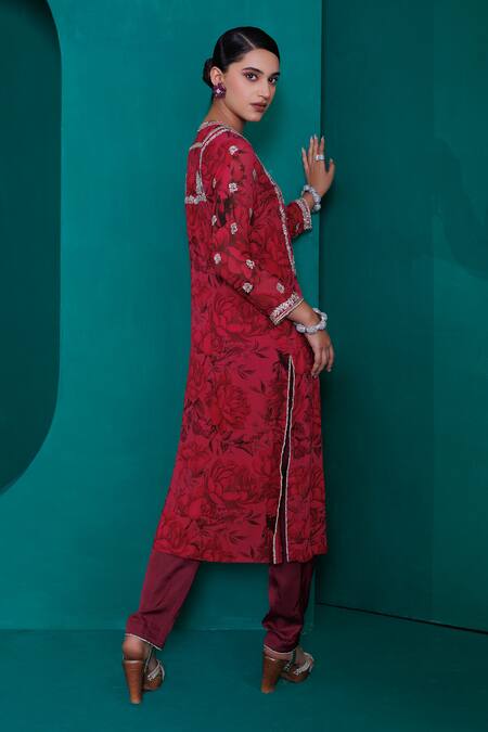 Adi By Aditya Khandelwl_Red Georgette, Modal, Satin, Organza Embroidery, Floral Print Tunic And Pant Set_at_Aza_Fashions