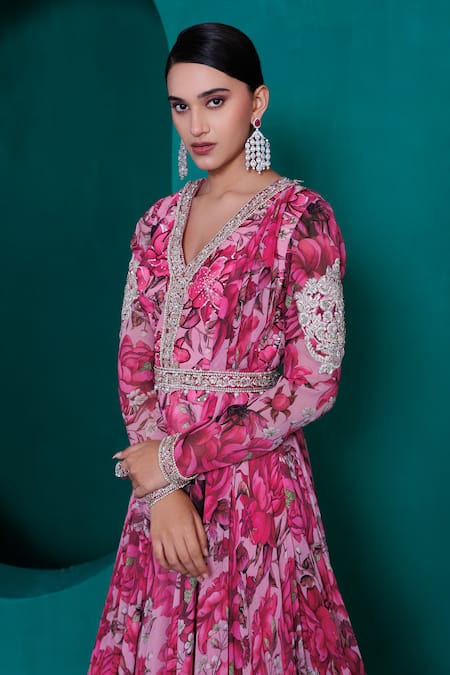 Adi By Aditya Khandelwl_Pink Georgette Sequins, Zari, Floral Printed Anarkali Set With Dupatta _Online_at_Aza_Fashions